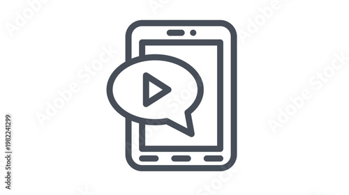 Vector icon illustration of a smartphone with a speech bubble containing a play button, representing mobile video messaging, online streaming, digital communication, and multimedia content.