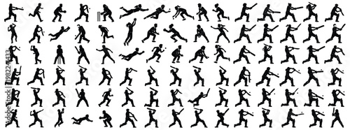 Cricket Player Silhouettes Set, Athletes Batting, Bowling, Fielding, and Wicketkeeping