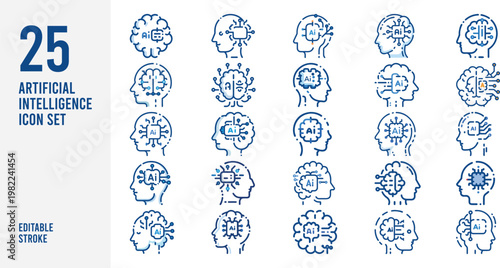 Collection of twenty-five blue artificial intelligence and machine learning line icons