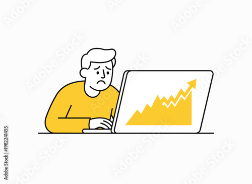 Sad man looking at laptop screen showing upward trending graph with rising arrow symbolizing financial loss.