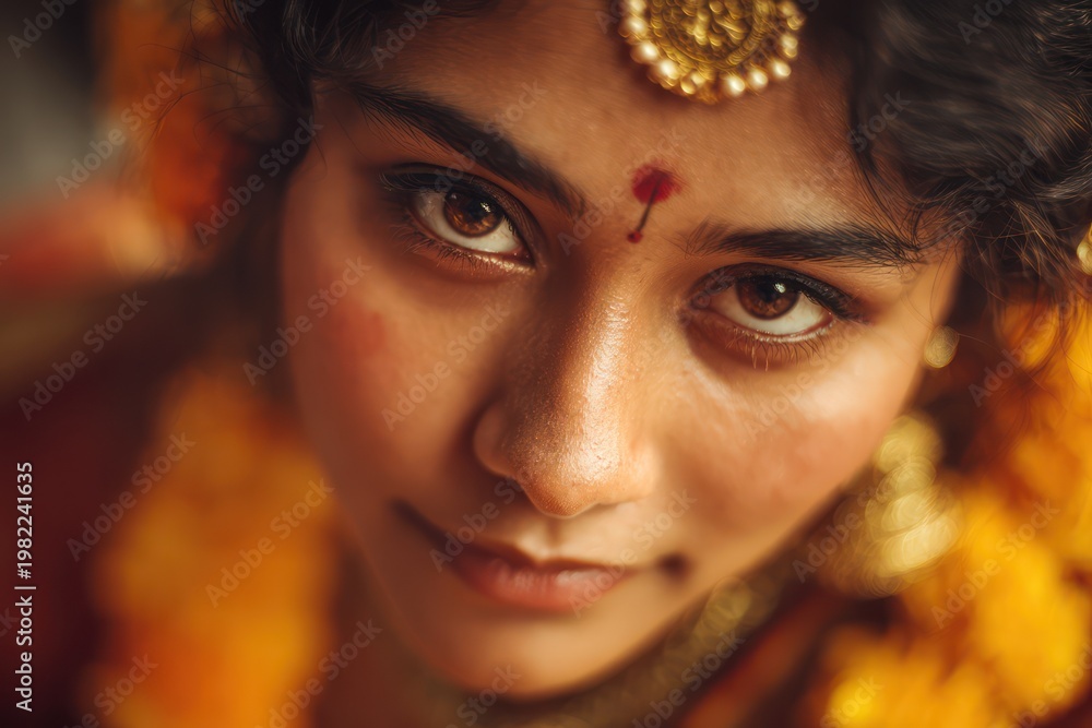 Fototapeta premium Hindu woman with bindi and gold jewelry