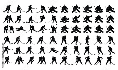 Ice Hockey Player Silhouettes Set: Athletes Skating, Shooting, Defending, and Goalie Saves