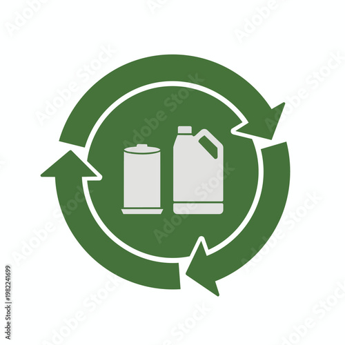 Recycle symbol with plastic bottle and metal can green icon graphic design element.