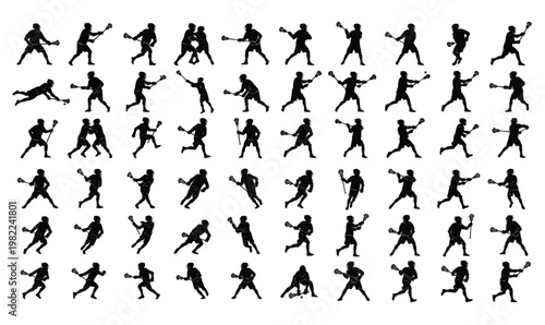 Lacrosse Player Silhouettes Set: Athletes Running, Shooting, and Defending with Lacrosse Sticks