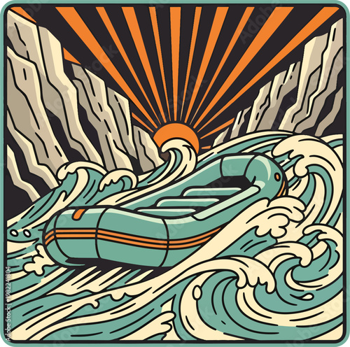 Illustration of a whitewater rafting boat navigating turbulent river waves.