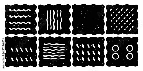 Abstract black and white patterns arranged in a grid formation