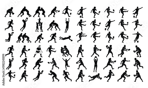Rugby Player Silhouettes Set, Athletes Running, Tackling, Scrimmaging, and Kicking Oval Ball