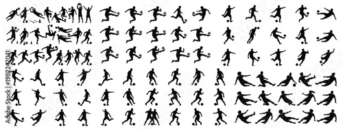 Soccer Player Silhouettes Set, Athletes Kicking, Dribbling, Jumping, and Sliding with Ball