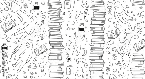 Black and White Book Illustrations Pattern.