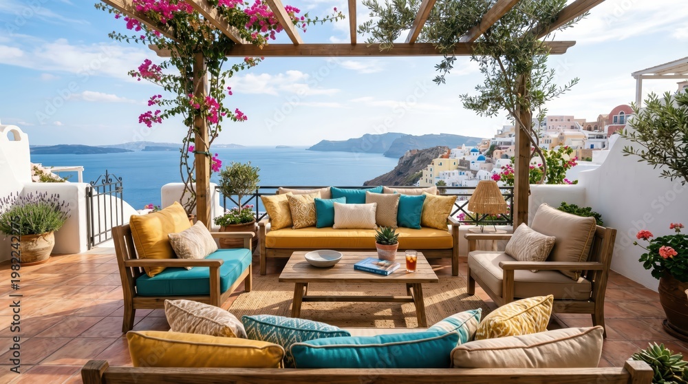 Obraz premium Sunlit mediterranean terrace seating area with sea view for summer outdoor background, holiday villa banner and relaxation design