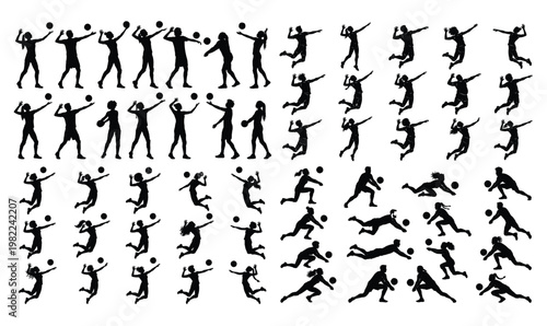 Volleyball Player Silhouettes Set, Female Athletes Serving, Jumping, Spiking, and Diving