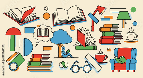 Colorful Stationery and Books Illustration.