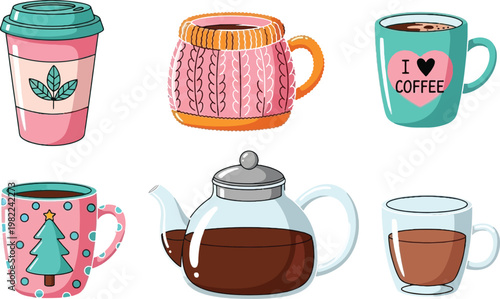 Coffee and Tea Cups Set with Mug, Takeaway Cup, Teapot and Glass, Cozy Beverage Collection for Cafe and Kitchen Vector Illustration