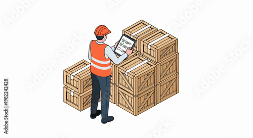 Warehouse Worker Conducting Digital Inventory Audit with Wooden Cargo Crates Isometric Illustration