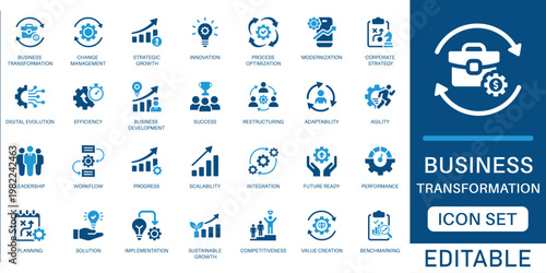 Business transformation icon set. featuring corporate strategy, innovation, change management, process optimization, and strategic growth in blue flat design.