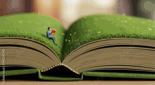 Miniature Person Reading Open Book.