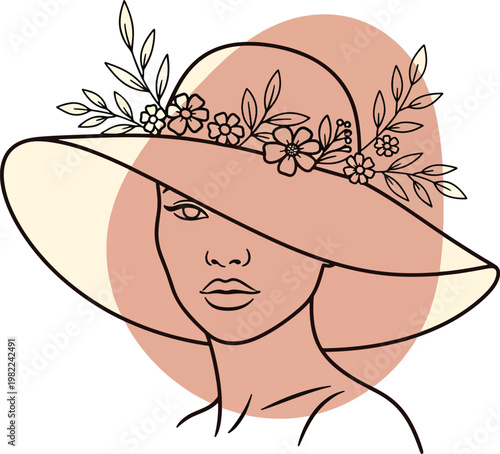 Minimalist Line Art Illustration of a Woman Wearing a Floral Sun Hat.