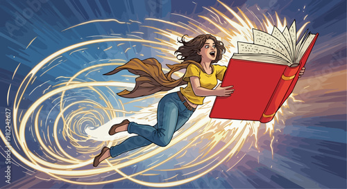 Woman Flying with Open Red Book.