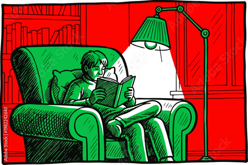 Woman Reading Book in Armchair.