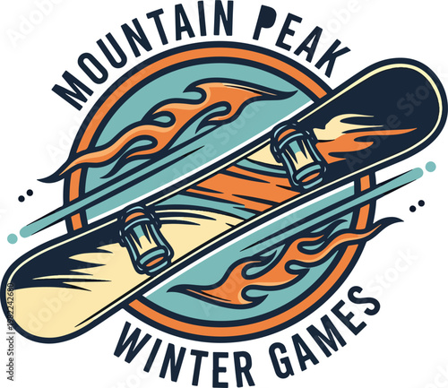 Mountain Peak Winter Games Emblem Featuring Flaming Snowboard Illustration.