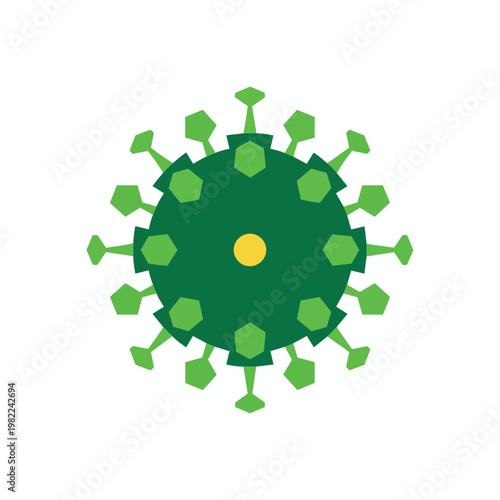 Green virus with yellow center and spike projections on white isolated background vector illustration.