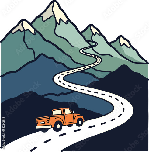 Orange vintage pickup truck driving on a winding road.