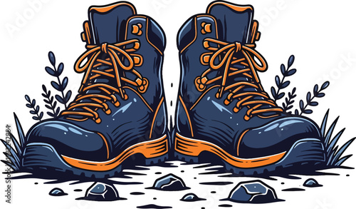 Pair of rugged dark blue hiking boots with orange soles.