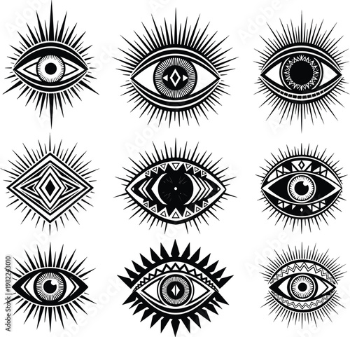 Collection of Mystical All Seeing Eye Symbols and Esoteric Illustrations.