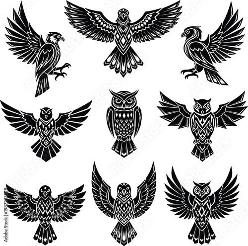 Collection of ornamental tribal style eagle and owl bird silhouettes.