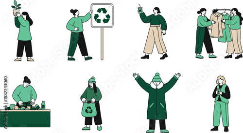 Eco Friendly Lifestyle Set with Recycling, Reusable Items, Sustainable Fashion and Zero Waste Activities for Environmental Awareness Vector Illustration