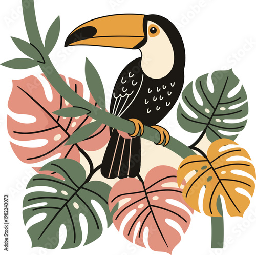 Colorful tropical toucan bird perched on a leafy branch illustration.