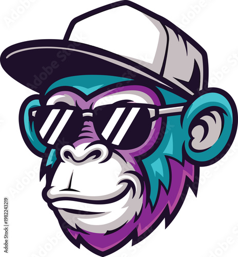 Cool monkey head character wearing a cap and sunglasses.