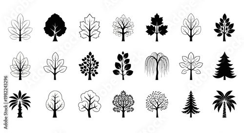 Collection of various tree icons and silhouettes.