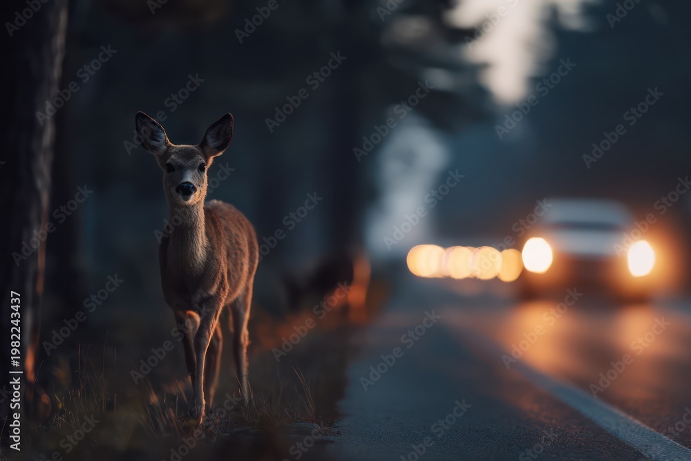 Obraz premium Deer in car headlights on forest highway