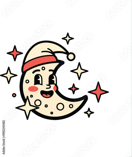 Cute cartoon crescent moon character with a sleeping cap and stars.