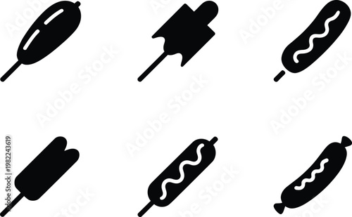 Assortment Of Six Black Hot Dog And Sausage Icons On White Background food snack