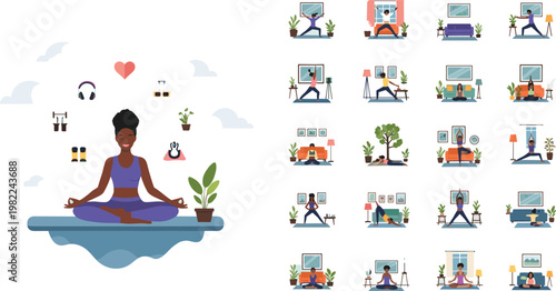 Yoga and Meditation Lifestyle Set with Home Workout Poses, Mindfulness Practice and Healthy Living Cartoon Illustration Collection