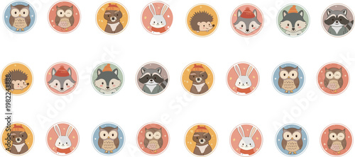 Cute Woodland Animal Avatar Icons Set with Fox Owl Rabbit Raccoon Hedgehog in Winter Style Round Badges