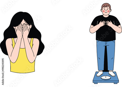 Body Image Issues and Eating Disorder Concept with Sad Woman, Overweight Man on Scale, Mental Health and Self Esteem Awareness Vector Illustration