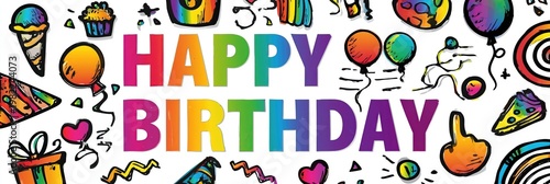 Doodle Illustration Celebrating Happy Birthday With Colorful Design Elements