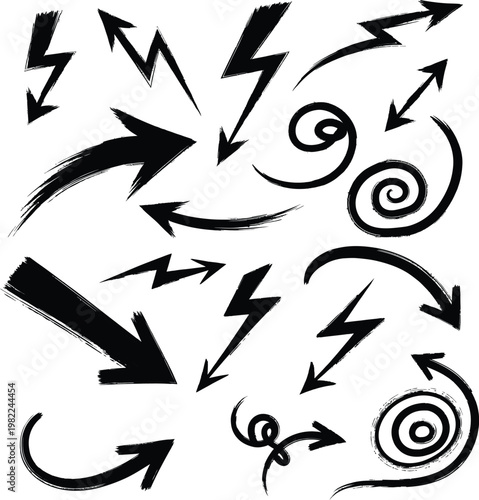 Brush stroke arrow and lightning bolt graphics on white background with graphics illustration collection pointing direction navigation movement