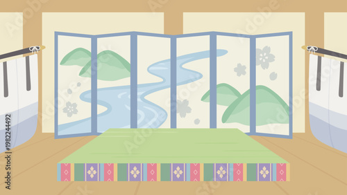 寝殿造の部屋の背景イラスト_青_16:9