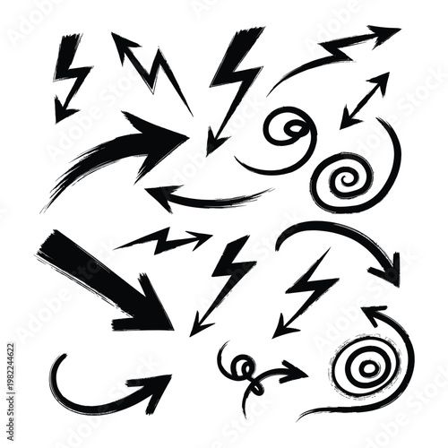 Set of grunge style arrows and lightning bolt symbols for design with black and white background illustration collection pointing direction