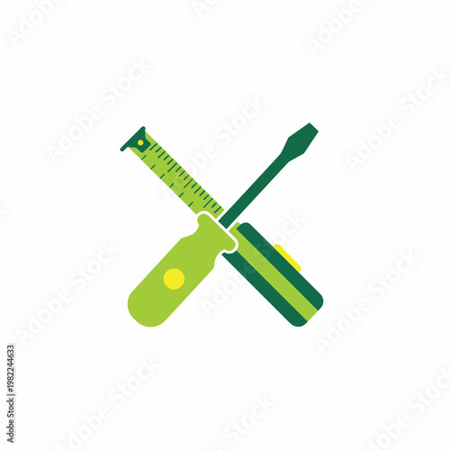 Crossed screwdriver and tape measure tools symbolizing construction measurement and repair work.