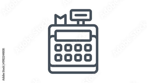 Cash register vector icon illustration for retail commerce and business transactions. Minimalist black line symbol of a point of sale terminal with receipt and display for shopping and finance.