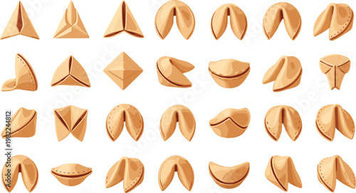 Traditional Chinese fortune cookie vector set featuring various crispy golden biscuit shapes and oriental snacks for restaurant menus and lunar new year celebration designs