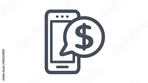 Mobile banking and digital payment vector icon illustration featuring a smartphone with a dollar sign speech bubble symbol for financial transactions, money transfers, and e-commerce apps.