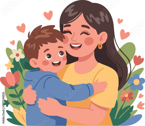 Mother and son hugging with floral background vector illustration for  poster, T-Shirt Design and Print-on-Demand