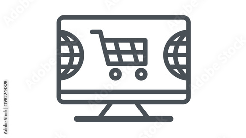Tableau sur toile Global e-commerce and online shopping vector icon illustration featuring a computer monitor with a shopping cart and world globe symbols, representing digital marketplace and international trade