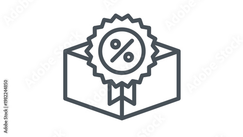 Minimalist black vector icon illustration of a cardboard box package with a percentage discount badge seal on top, representing a special offer, sale, promotion, or shipping discount for retail.